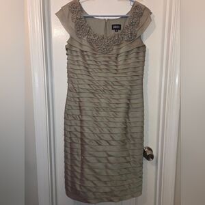Adrianna Papell: Rosette Shimmer Scalloped Sheath Cap Sleeve Dress.  Size 12.